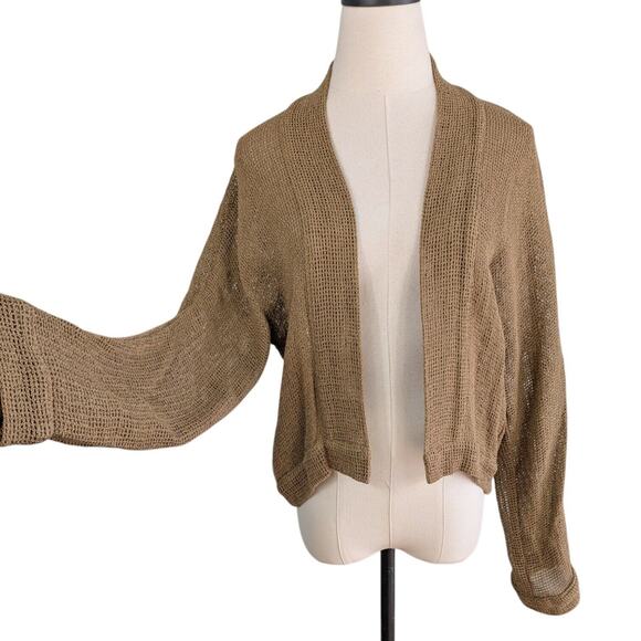 Masai Cardigan Sweater M Tan Brown Cropped Open Crochet Minimalist Neutral Work - Picture 1 of 11